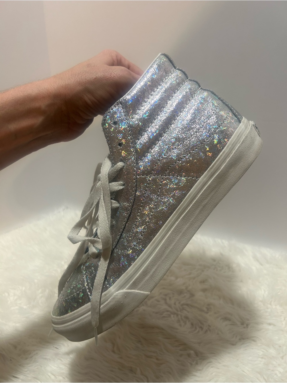 Silver Holographic Glitter High-Top Vans sneakers women’s 9/mens 7.5 Eur 40
